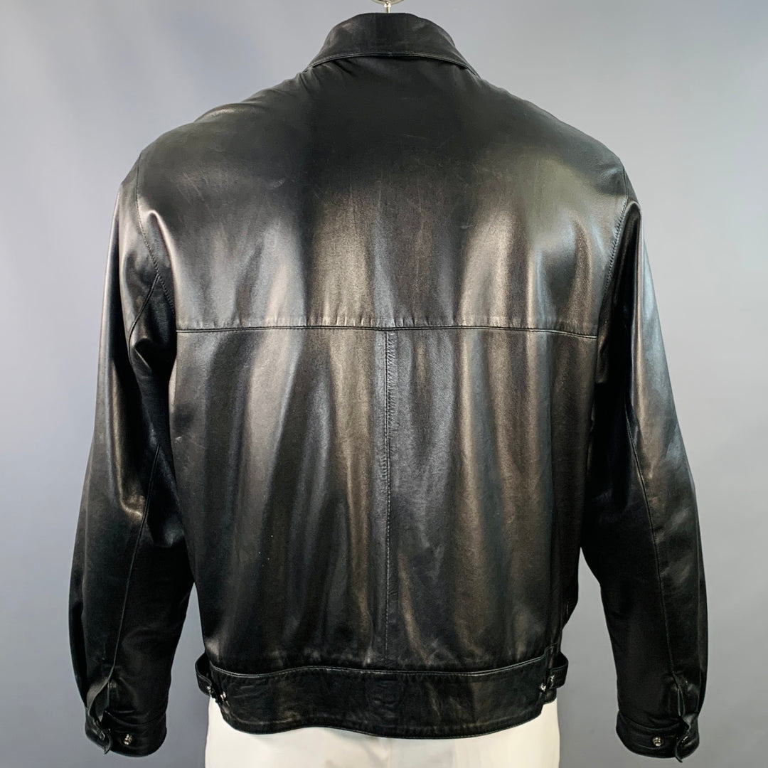 SALVATORE FERRAGAMO Size 42 Black Leather Zip Up Jacket