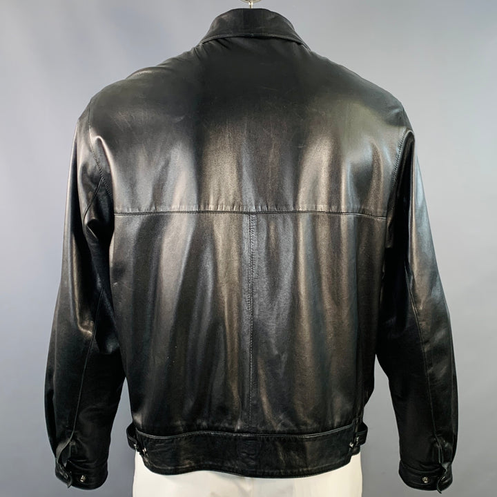 SALVATORE FERRAGAMO Size 42 Black Leather Zip Up Jacket