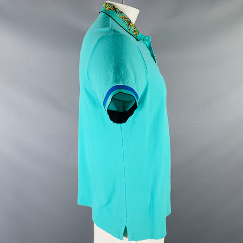VERSACE JEANS COUTURE Size L Turquoise Blue Green Baroque Knit Polo