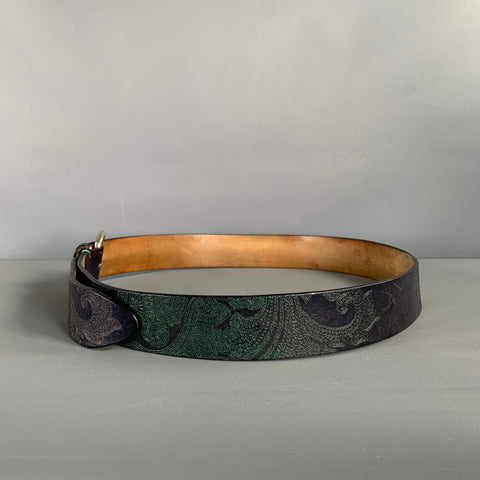 ETRO Size 38 Navy Green Paisley Leather Belt