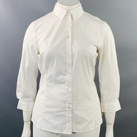 CAROLINA HERRERA Size 14 White Cotton Blend 3/4 Sleeves Spread Collar Shirt