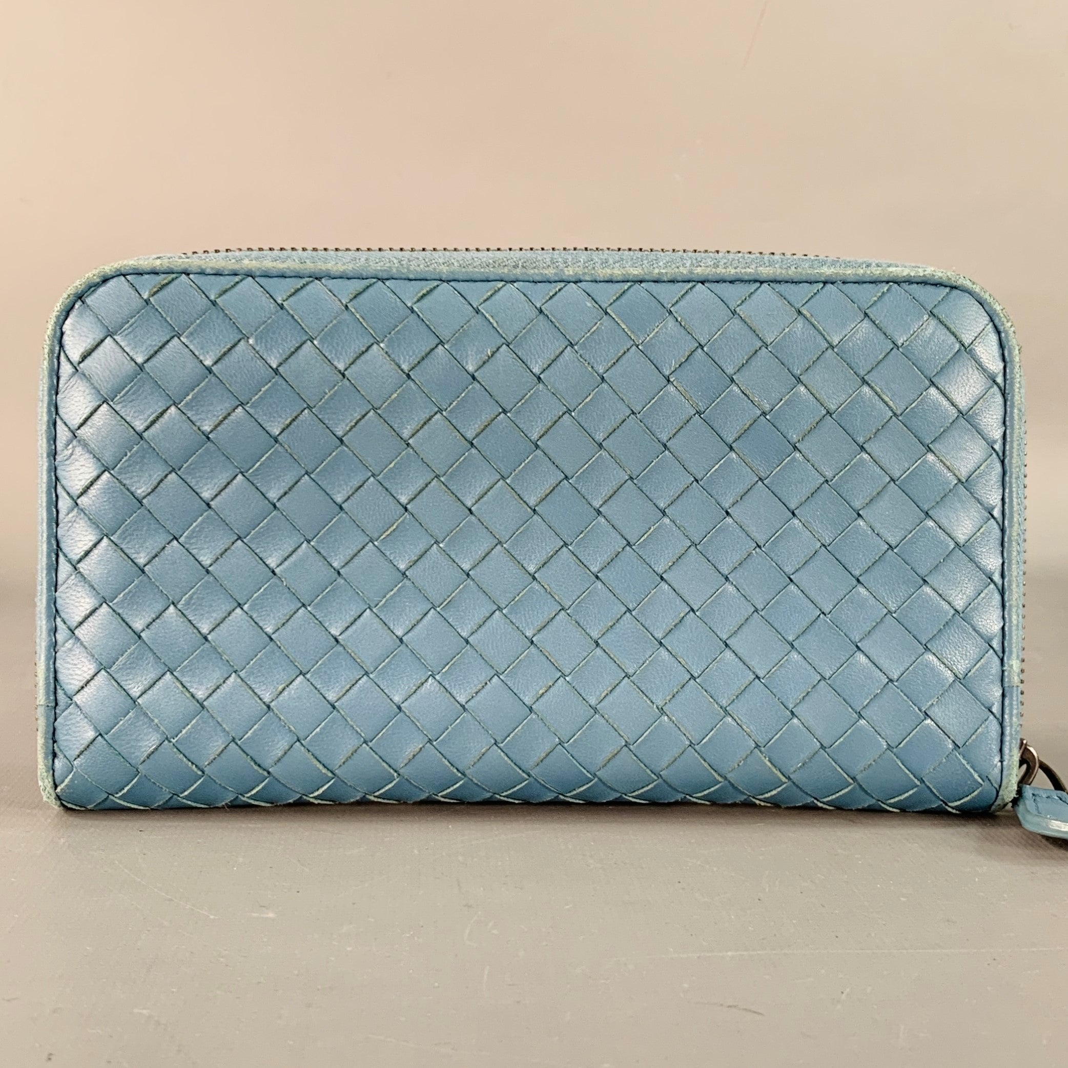 BOTTEGA VENETA Blue Woven Intrecchiato Leather Zipper Checkbook