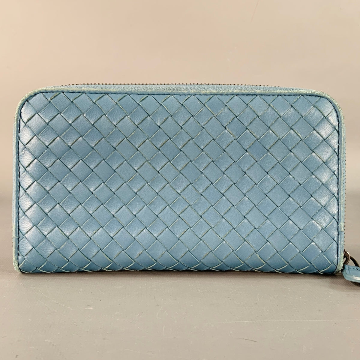 BOTTEGA VENETA Blue Woven Intrecchiato Leather Zipper Checkbook 