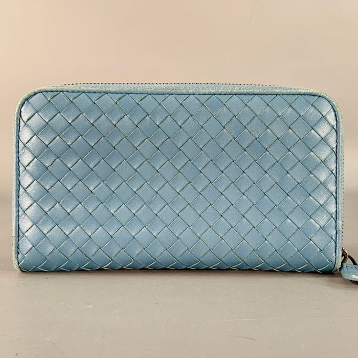 BOTTEGA VENETA Blue Woven Intrecchiato Leather Zipper Checkbook Wallet