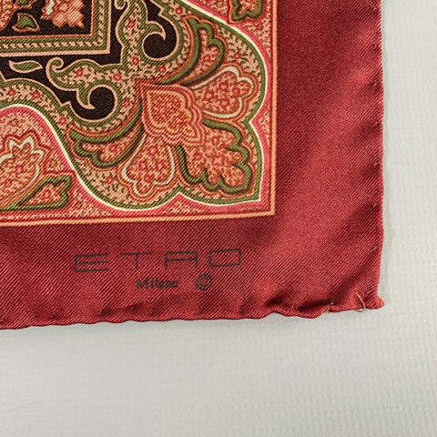 ETRO Burgundy Olive Paisley Silk Pocket Square
