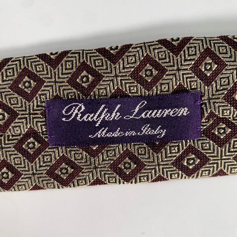 RALPH LAUREN Tan Burgundy & Brown Geometric Silk Tie