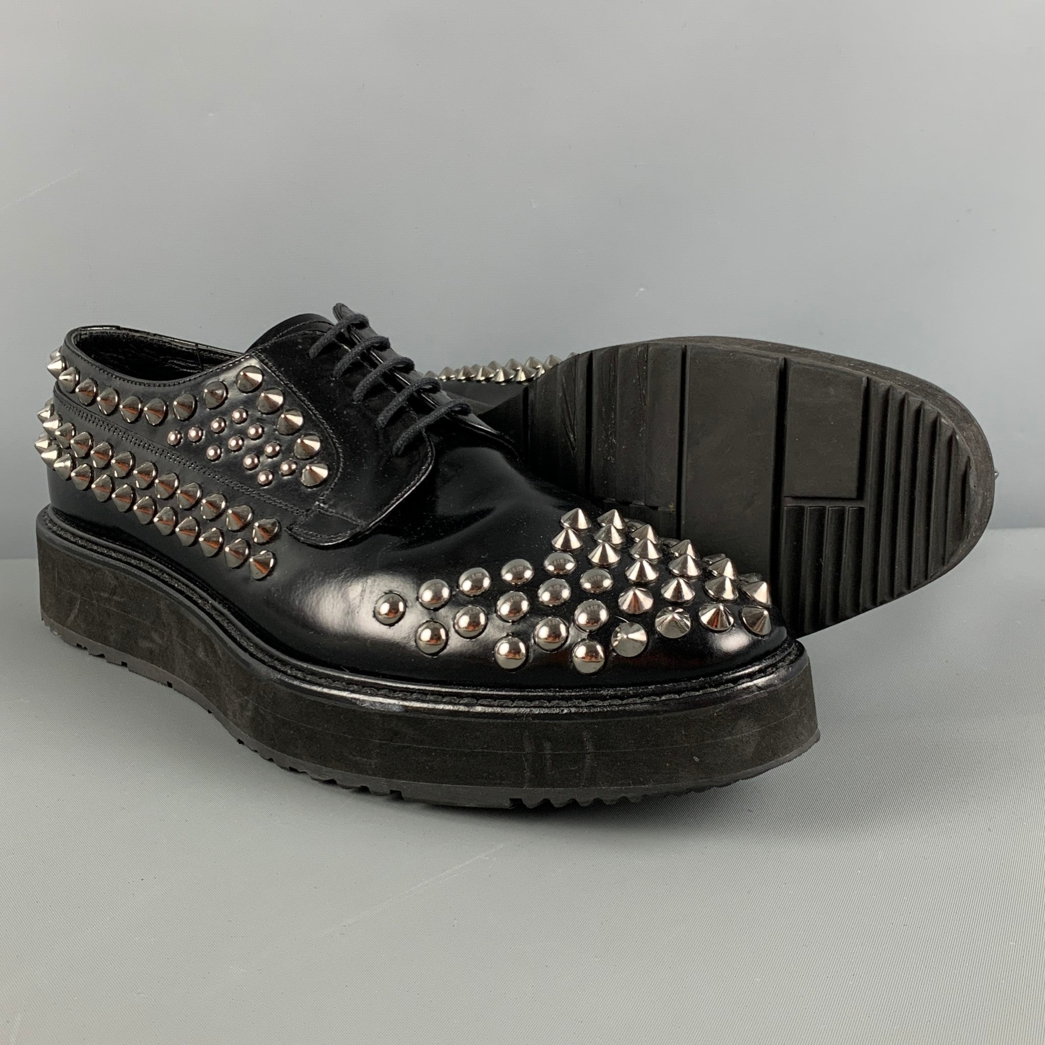 PRADA Size 9 Black Silver Studded Leather Platform Lace-Up Shoes