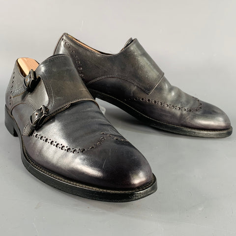 NO BRAND Size 11.5 Green Perforated Leather Double Monk Strap Loafers