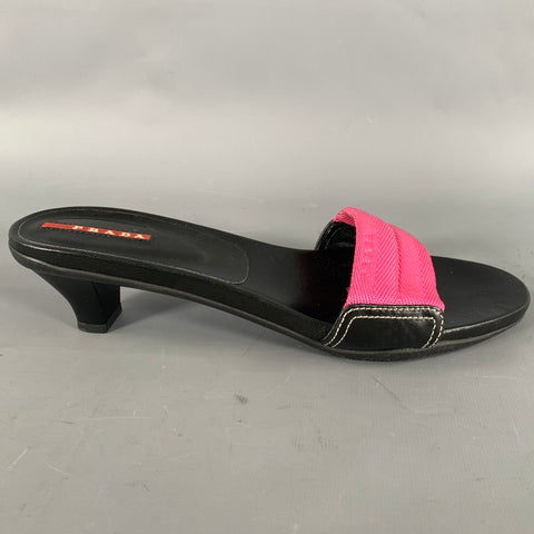 PRADA Size 8 Black Pink Nylon Mixed Materials Leather Trim Slip On Sandals