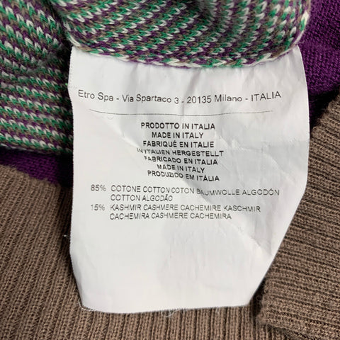 ETRO Size XL Purple Green Knit Cotton Cashmere V-Neck Pullover