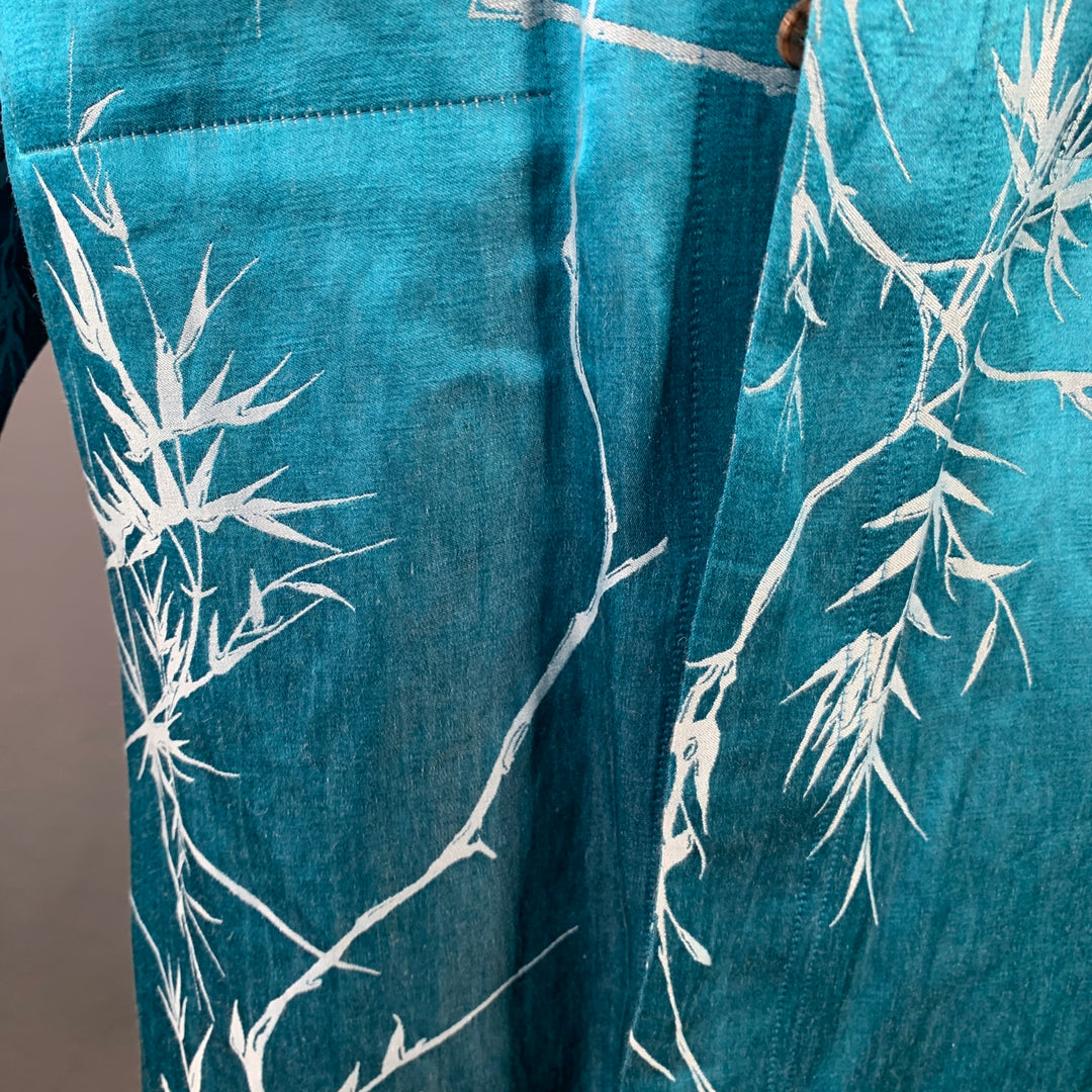 HAIDER ACKERMANN Size M Teal White Jacquard Linen Silk Layered Long Sleeve Shirt