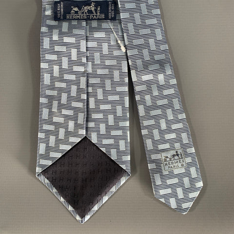 HERMES Navy Light Blue Geometric Silk Tie