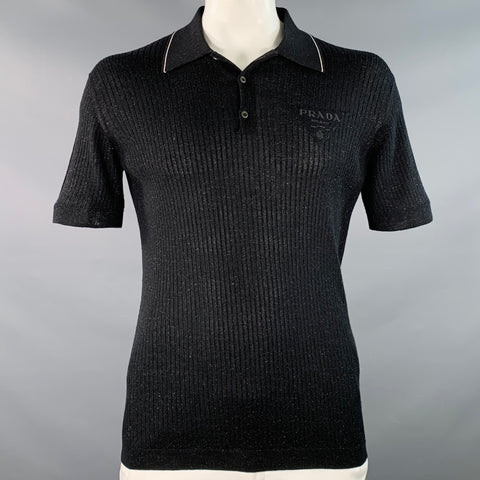 PRADA Size L Black Gold Shimmer Rib Knit Cashmere Blend Short Sleeve Polo