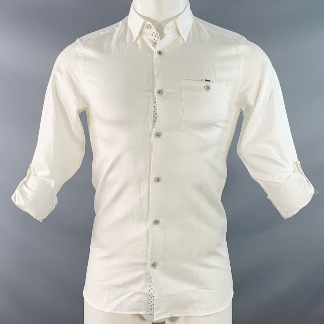 TED BAKER Size XS Jaames White Herringbone Cotton Linen One Pocket Roll Tab Long Sleeve Shirt