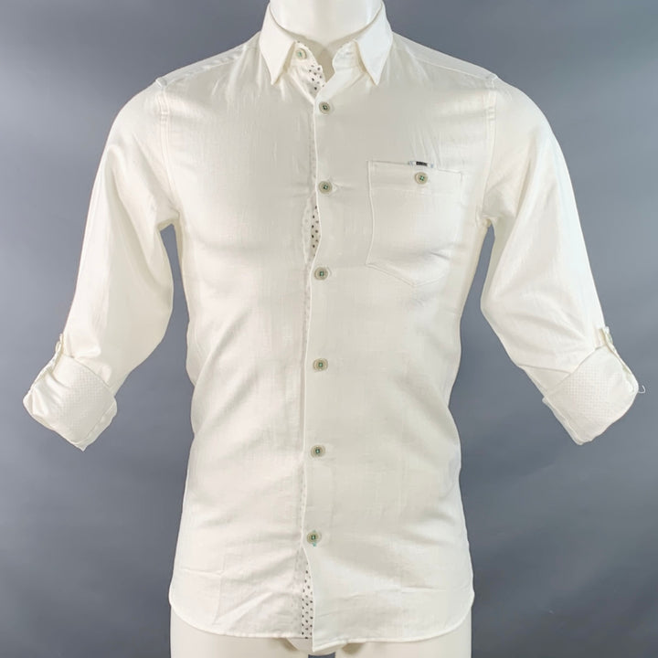 TED BAKER Size XS Jaames White Herringbone Cotton Linen One Pocket Roll Tab Long Sleeve Shirt
