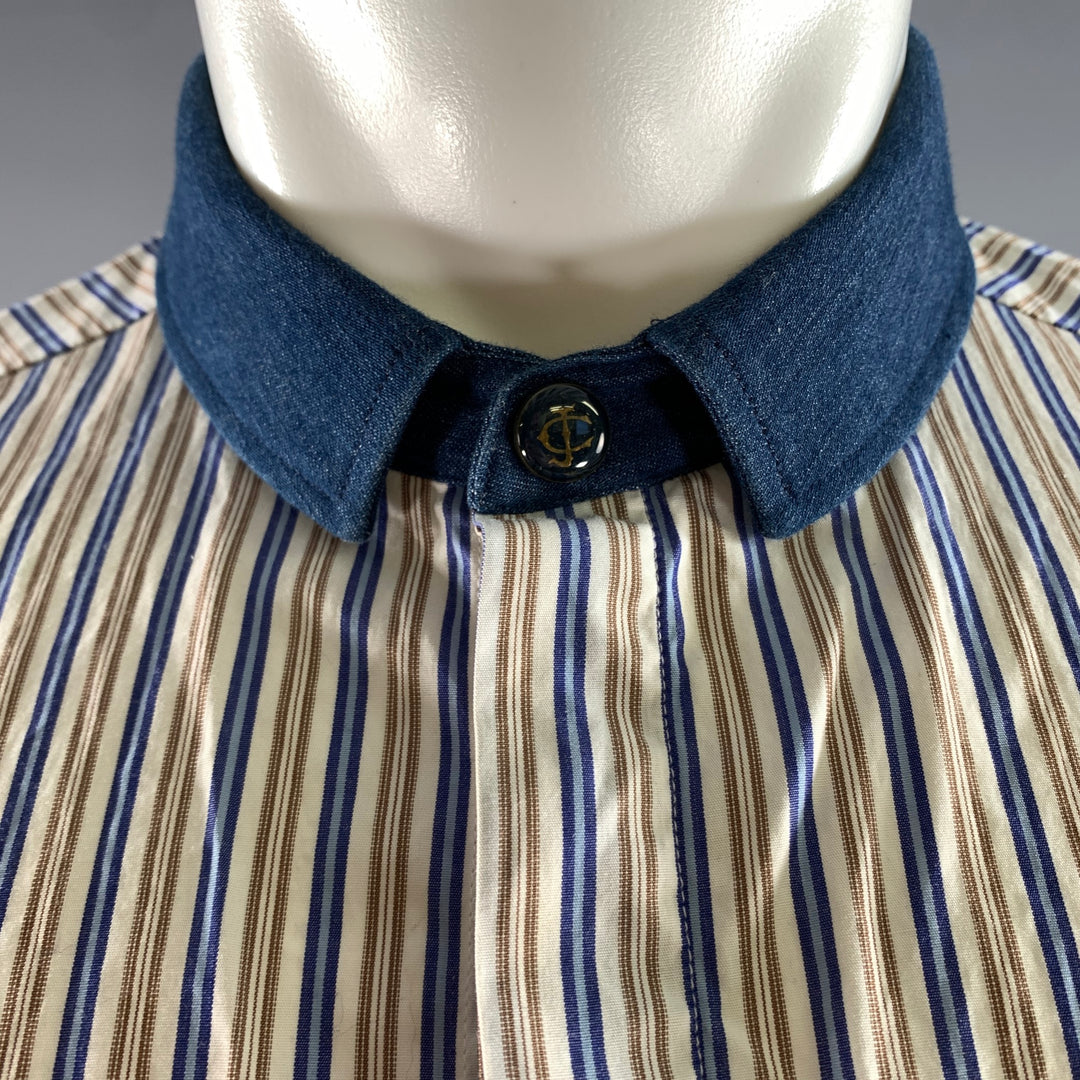 JUST CAVALLI Size M White Blue Brown Stripe Cotton Long Sleeve Shirt