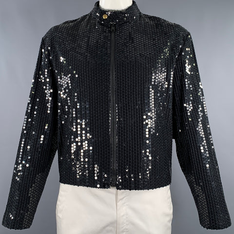 MOSCHINO Size 42 Black Sequined Polyester Zip Up Jacket
