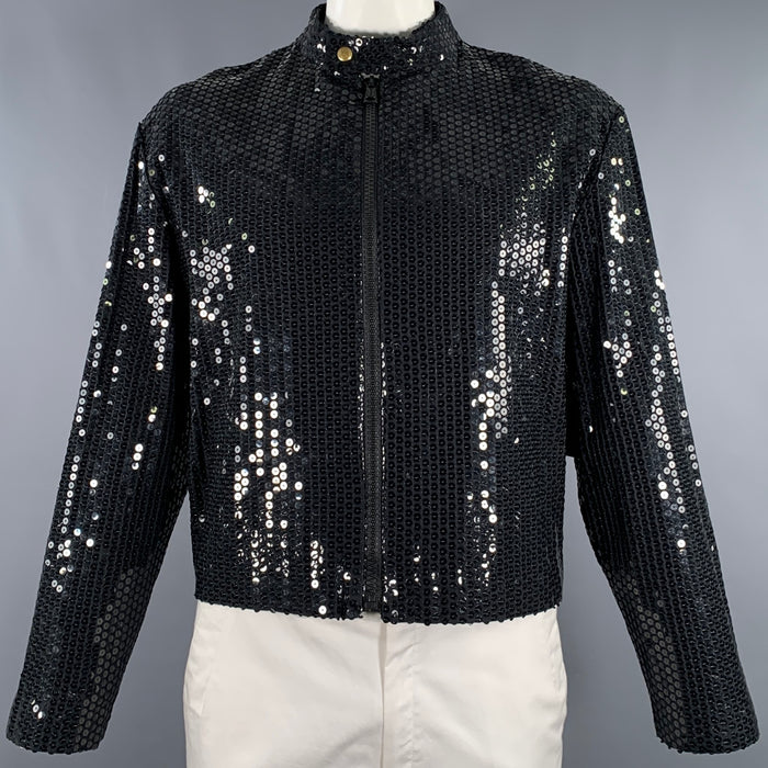 MOSCHINO Size 42 Black Sequined Polyester Zip Up Jacket