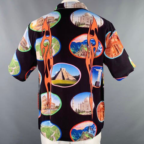 PLEASURES Size XL 7 Wonders Black Multi Color Print Rayon Camp Short Sleeve Shirt