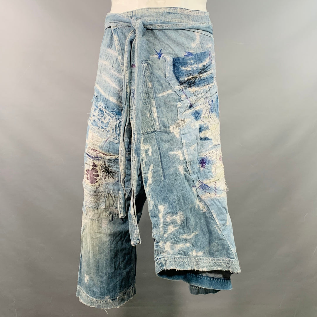 KAPITAL KOUNTRY Size L Crash Reissue Blue White Distressed Cotton Drop-Crotch Casual Pants