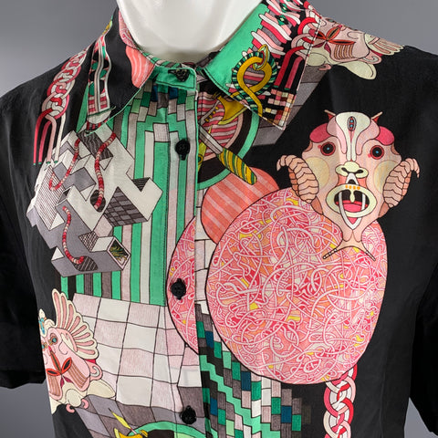 GORMAN Size 12 Black Pink Green Silk Viscose Print Pointed Collar Shirt