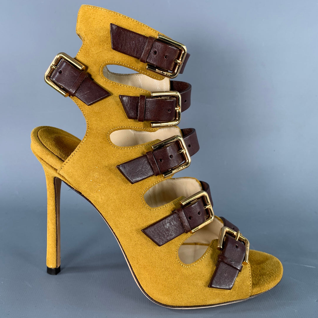 JIMMY CHOO Size 4.5 Yellow Brown Suede Buckle Stiletto Cage Boots
