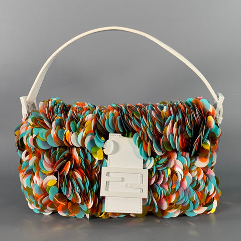 FENDI Rare Multi Color White Sequined Paillettes Leather Baguette Handbag