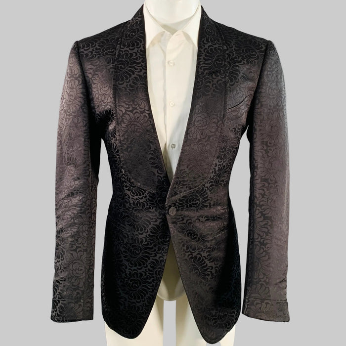 TOM FORD Size 40 Regular Black Jacquard Silk Cotton Linen Shawl Collar Tuxedo
