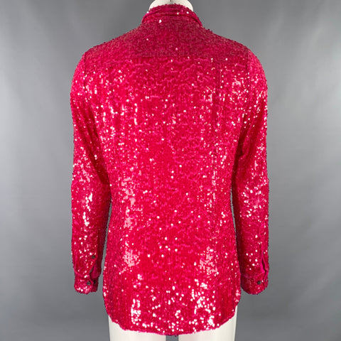 DRIES VAN NOTEN FW22 Size S Red Sequined Viscose Hidden Placket Long Sleeve Shirt