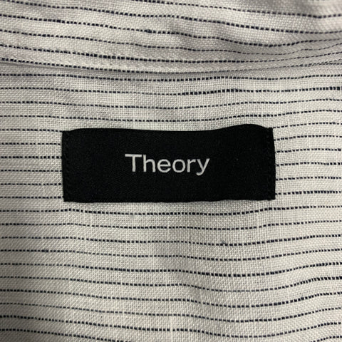 THEORY Size L Irving White Navy Pinstripe Linen Long Sleeve Shirt