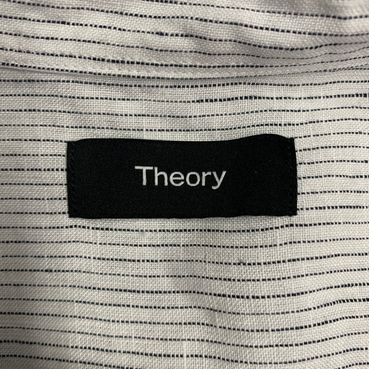 THEORY Size L Irving White Navy Pinstripe Linen Long Sleeve Shirt