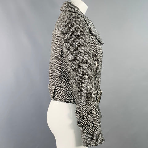 CARVEN Size M Grey Black Wool Blend Tweed Zip Up Belted Biker Jacket