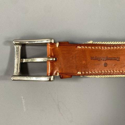 ERMENEGILDO ZEGNA Size 38 Cream Brown Mixed Fabrics Leather Elastic Belt