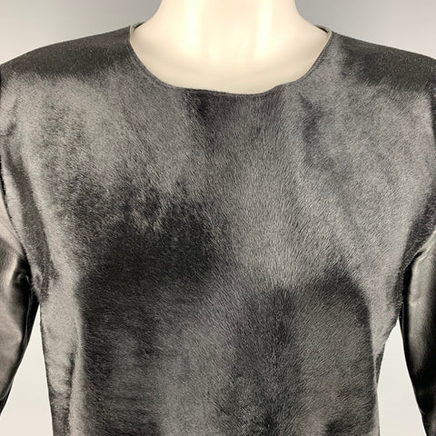 IRIS and INK Talla 6 Top casual de cuero negro con pelo de becerro y mangas 3/4