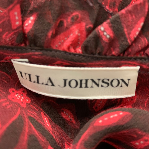 ULLA JOHNSON Taille 2 Rouge Noir Soie Abstrait Col en V Haut Décontracté