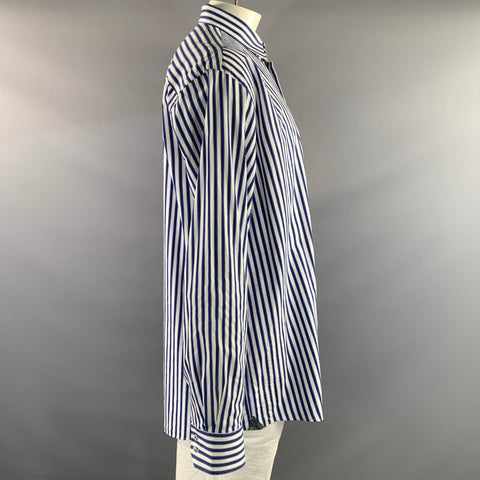 LUCHIANO VISCONTI Size XL White Blue Stripe Cotton Button Up Long Sleeve Shirt
