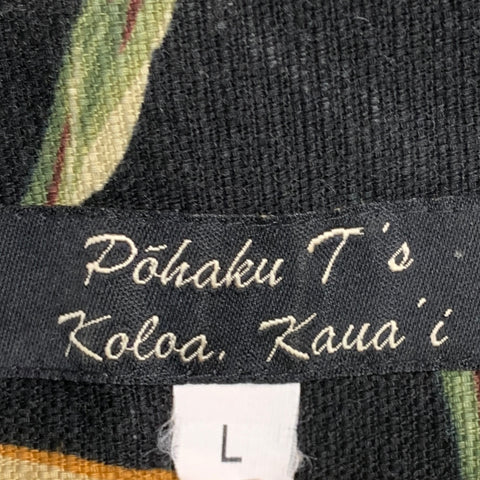 POHAKU T'S Size L Black Multi Color Hawaiian Cotton Camp Short Sleeve Shirt