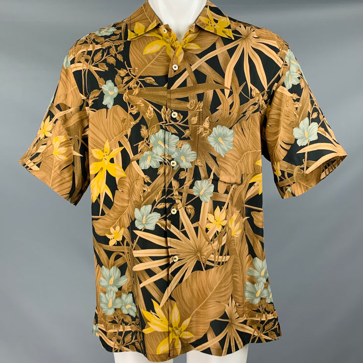 BRIONI Size M Brown Black Tropic Floral Print Rayon Button Up Short Sleeve Shirt