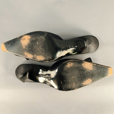 RICHARD TYLER Size 9.5 Black Satin Floral Kitten Heel Mule Sandals