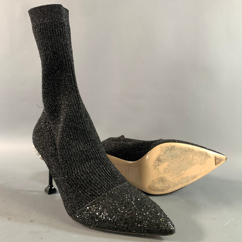 MIU MIU Size 10 Black Silver Lurex Glittered Pointed Toe Boots