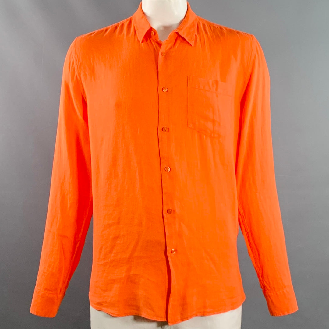 VILEBREQUIN Size XL Orange Linen One Pocket Long Sleeve Shirt