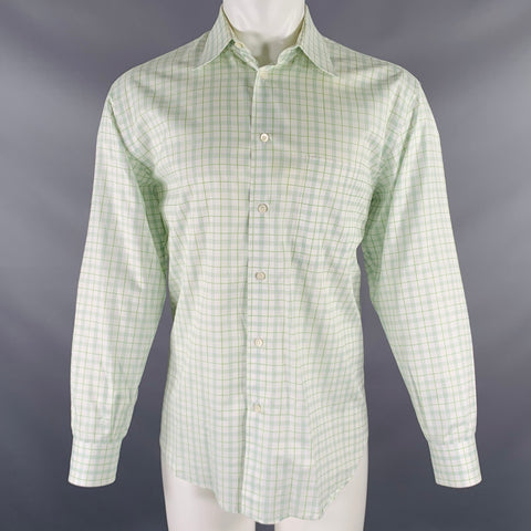 BRIONI Size M White Green Plaid Cotton Button Up Long Sleeve Shirt