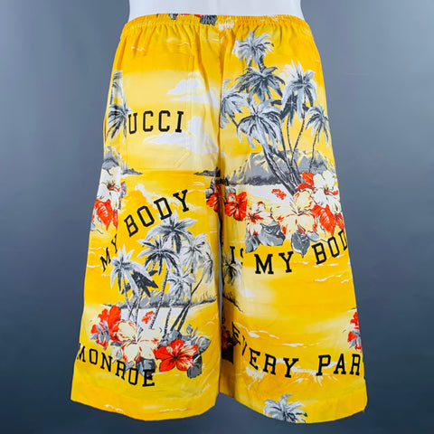 GUCCI Size 30 Yellow Multi Color Hawaiian Cotton Bermuda Shorts