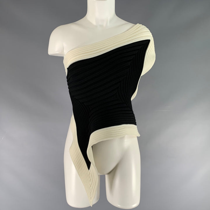 ISSEY MIYAKE Size 2 Black White Polyester Ribbed One Shoulder Dress Top