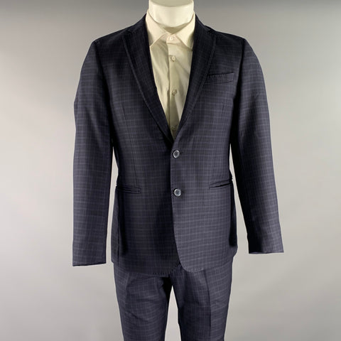 BOGGI Chest Size 36 Navy Blue Tartan Wool Notch Lapel 34 28 Suit