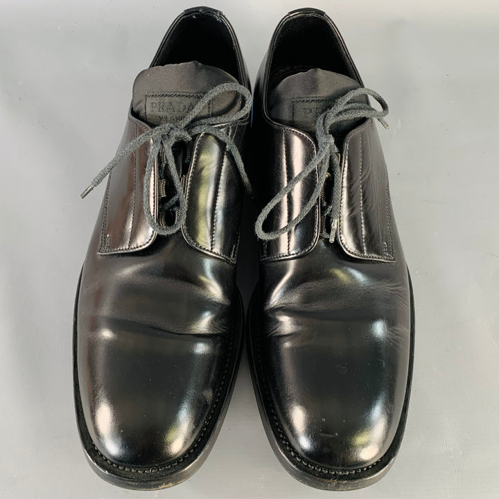 PRADA Size 10 Black Leather Nylon Derby Lace-Up Shoes