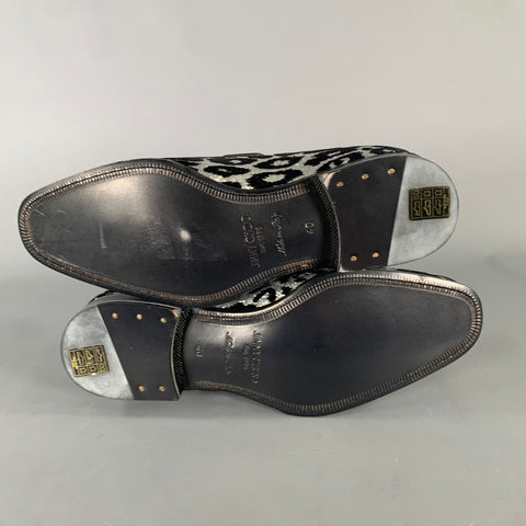 JIMMY CHOO Foxley Size 7 Silver Black Medusa Jacquard Tassels Loafers