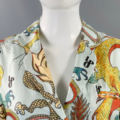LA PRESTIC OUISTON Size S Blue Multi Color Silk Dragons Belted Shirt Dress