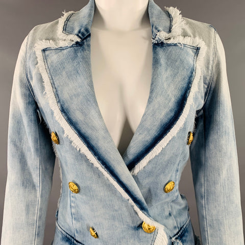 L'AGENCE Size XS Blue Cotton Blend Denim Double Breasted Peak Lapel Jacket