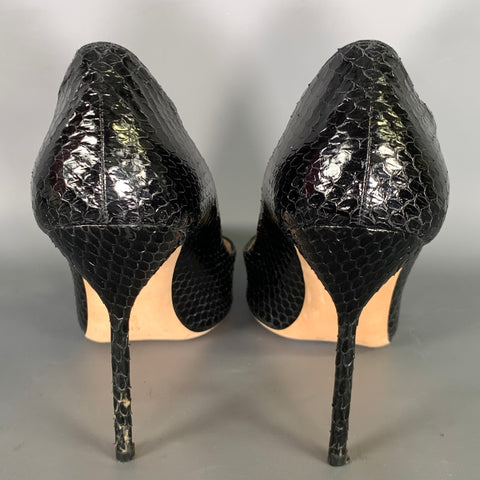 MANOLO BLAHNIK Size 11 Black Leather Snake Embossed Pumps